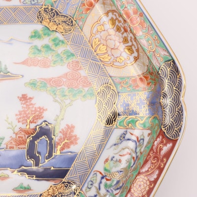 錦色絵古伊万里山水尺盛皿(有田焼 深海三龍堂)