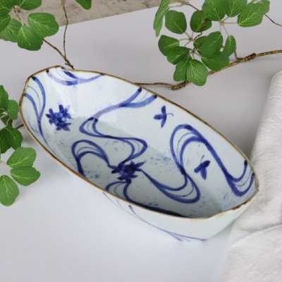 【さとふる限定】染付流水花絵楕円鉢(有田焼 / 深海三龍堂)和食器 船形 オーバル(有田町)