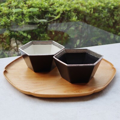 【まるふくオリジナル】有田焼 黒マットHexagon Bowl2個セット　A25-349