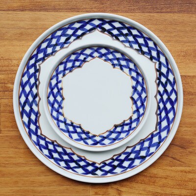 【まるふくオリジナル】有田焼 桔梗渕Round plate2枚セット(七宝地紋)　A35-159