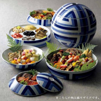 有田焼　李荘窯　珠型五段重　縞モザイク