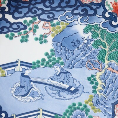 有田焼　12寸飾り皿　色鍋島琴図(専用木箱・木製皿立付)