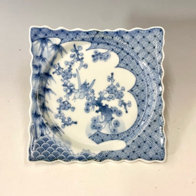 有田焼　中仙窯　中尾英純　染付松竹梅角皿