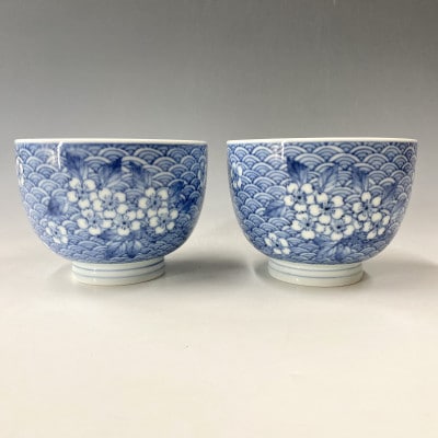 有田焼　中仙窯　中尾英純　染付桜青海波丼2個セット