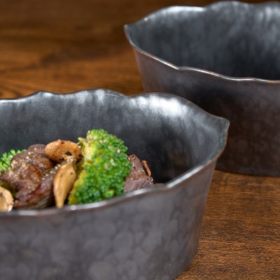 金善製陶所 15cm オーバルボウル(H)桔梗渕 黒サビ絞りマット 2点セット 有田焼