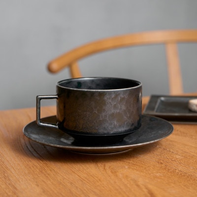 金善製陶所 コーヒーカップ&ソーサー リム長角プレート 黒陶(3点セット) 有田焼