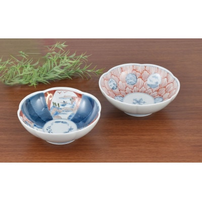 有田焼 まるぶん 文青 輪花預け鉢2個セット(丸紋花弁紋・山水松竹梅)A35-187(有田町)