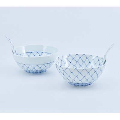 有田焼 まるぶん 染付網目麻の葉 ラーメン鉢 レンゲペアセット AA110-46(有田町)