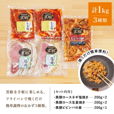 【鹿児島県産】味付け黒豚セット 3種類 計1kg(ネギ塩、生姜焼き、ビビンバ)おかず 惣菜 豚肉
