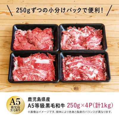 【鹿児島県産】 A5等級黒毛和牛切落し 計1kg(250g×4P)  
