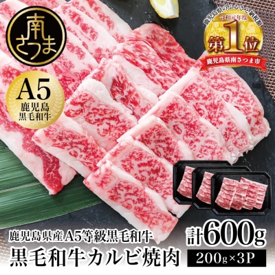 【鹿児島県産】A5等級黒毛和牛 カルビ焼肉 計600g(200g×3P)