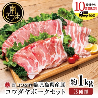 ★最短発送★ 鹿児島産 豚肉3種 約1kg(バラ/肩ロースしゃぶしゃぶ/ロース生姜焼き)