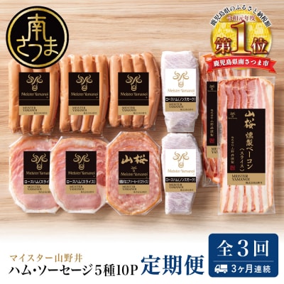 【定期便3回:3ヶ月連続】マイスター山野井 ハム・ソーセージ 5種(計10P)定期配送 冷蔵
