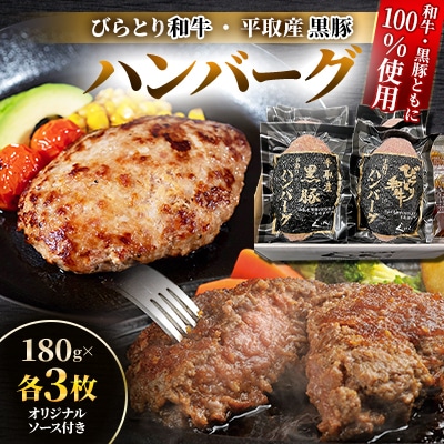 びらとり和牛・平取産黒豚ハンバーグ180g各3枚 オリジナルソース付