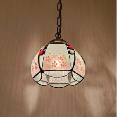 【さとふる限定】一点限定 ステンドグラス『ぼんぼり桃の花』ペンダントランプ USA製ガラス使用　