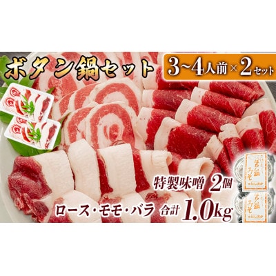 ボタン鍋セット 計1kg 3～4人前 (500g)×2 猪肉 (ロース・モモ・バラ)自家製味噌付き