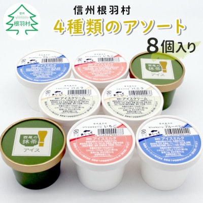 南信州根羽村手作りアイス 4種類のアソート8個セット(バニラ・西尾の抹茶・いちご・ブルーベリー)