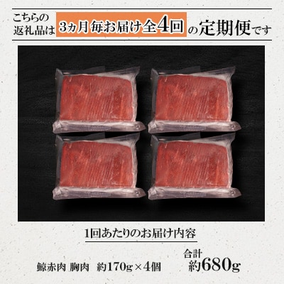 【3ヵ月毎定期便】鯨赤肉　胸肉約170g×4個セット全4回