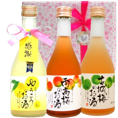 長崎果実酒ミニボトル3本(ゆうこう・南高梅・古城梅300ml) 感謝タグピンクリボン