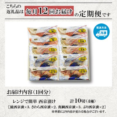 【毎月定期便】【レンジで簡単】西京漬詰合せ(4種10切)全12回