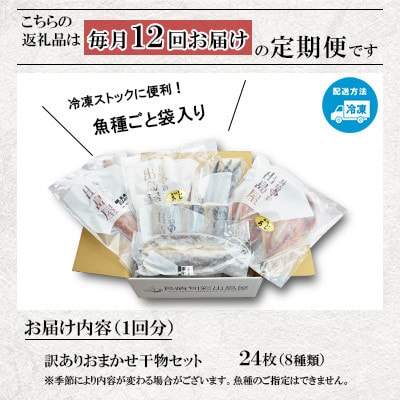【毎月定期便】【長崎加工】訳ありおまかせ干物セット8種類(24枚)全12回