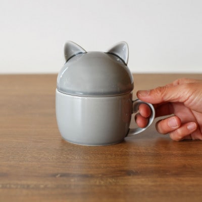 小田陶器のCat pit マグ小 (グレー)　猫のカタチの可愛い蓋付きマグカップ【小サイズ】