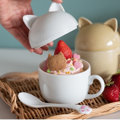 小田陶器のCat pit マグ小 (グレー)　猫のカタチの可愛い蓋付きマグカップ【小サイズ】