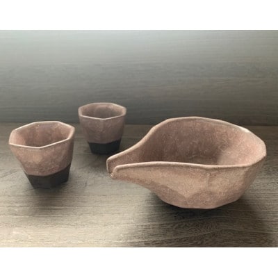 つばめ工房　 黒土　酒器3点セット(氷裂貫入釉　ピンク)
