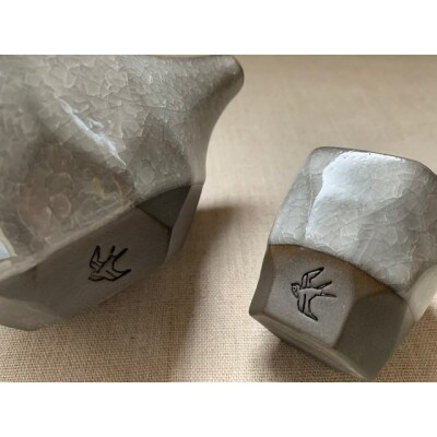 つばめ工房　 黒土　酒器3点セット(氷裂貫入釉　白)