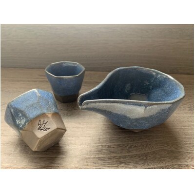 つばめ工房　 黒土　酒器3点セット(氷裂貫入釉　青)