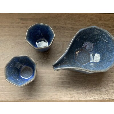 つばめ工房　 黒土　酒器3点セット(氷裂貫入釉　青)