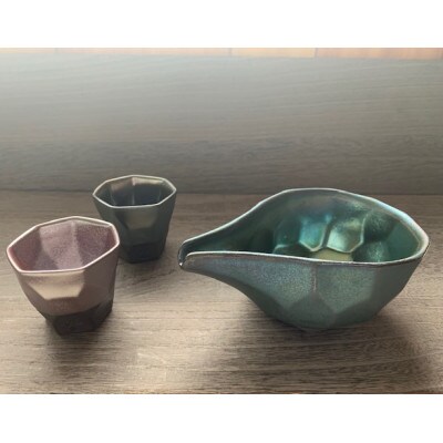 つばめ工房　 黒土　酒器3点セット(ブルーメタリック・ガーネット)