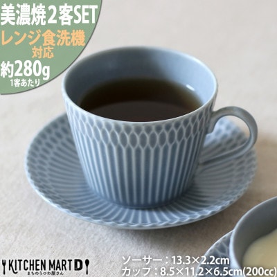 【2客SET】美濃焼 さざなみ 8.5カフェカップ&ソーサー(13皿) ブルーグレー 200cc