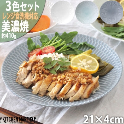 【3色SET】美濃焼 さざなみ 21深皿 21×4cm プレート パスタ皿 そば皿
