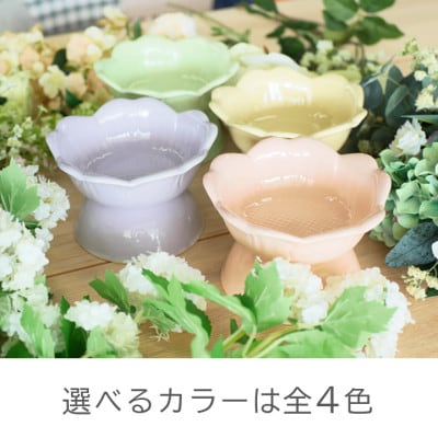 美濃焼　陶器製 ペット用【フラワーシェイプ花形高台フードボウル/クリームレモンpet135】