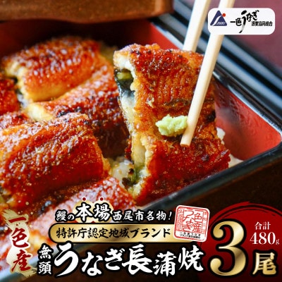 一色産うなぎ　無頭　長蒲焼3尾(480g)・I084