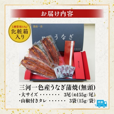 三河一色産うなぎ蒲焼　大サイズ3尾　無頭(1尾約155g)・M116