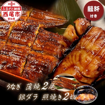 三河一色うなぎ蒲焼き2尾(中サイズ)、銀ダラ2切　肝焼き付き・F022-19