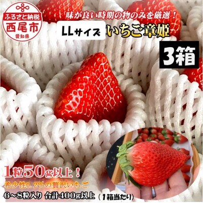 いちご(章姫)　LLサイズ　400g以上(6～8粒、1粒50g以上)  ×3箱・O047　