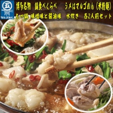 【博多名物】鶏水炊き&amp;もつ鍋2種(醤油味・みそ味)満腹食べくらべ 各2人前(合計6人前)(大任町)