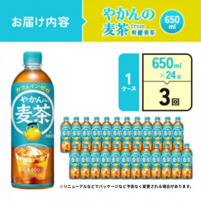 【毎月定期便】やかんの麦茶 from 爽健美茶 PET 650ml 24本1ケース(えびの市)全3回