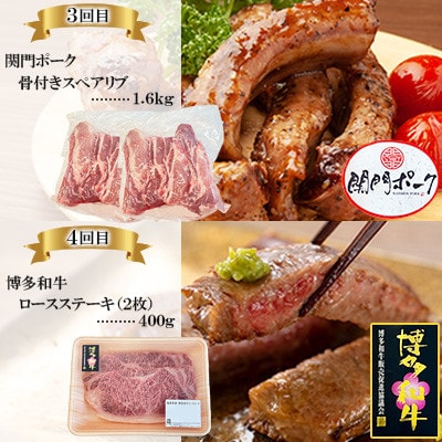 【毎月定期便】博多和牛・関門和牛・関門ポークの食べ比べ定期便全4回