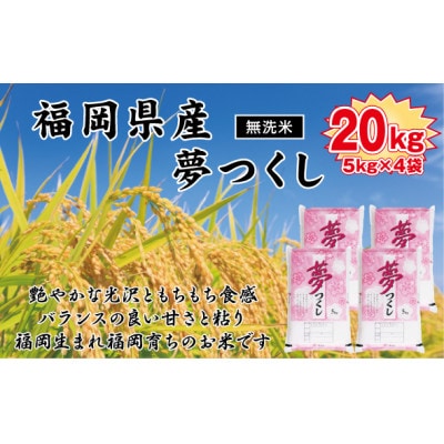 《無洗米》【令和7年産新米】【食味鑑定士厳選】福岡県産 夢つくし20kg(5kg×4袋)(北九州市)