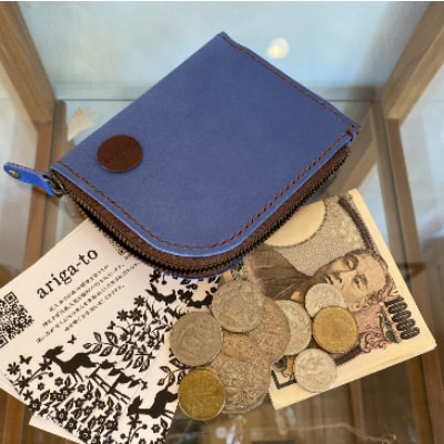 屋久鹿レザーと牛革を組み合わせてお作りしたL型のお財布『島財布』コバルトブルー×ブラウン