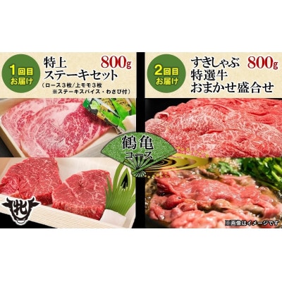 【毎月定期便】【神戸牛 牝】2回に分けてお届け!神戸ビーフ《鶴亀》定期便コース　合計1,6kg全2回