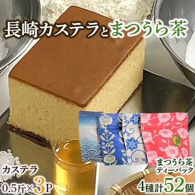 【2023年3月上旬発送】長崎カステラ3Pと 濃い味と旨味の深蒸し茶「まつうら茶」ティーパック4種