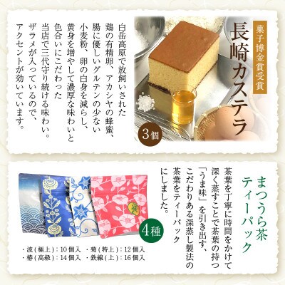 【2023年3月上旬発送】長崎カステラ3Pと 濃い味と旨味の深蒸し茶「まつうら茶」ティーパック4種