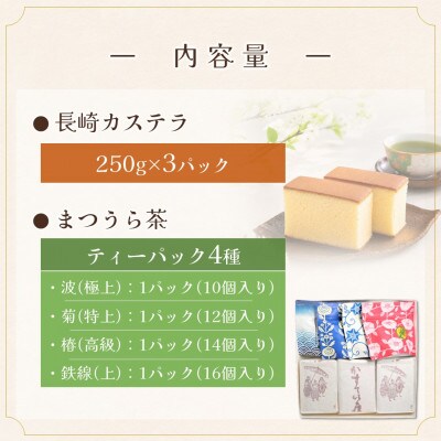全国菓子大博覧会金賞受賞長崎カステラ3Pと 濃い味と旨味の深蒸し茶「まつうら茶」ティーパック4種