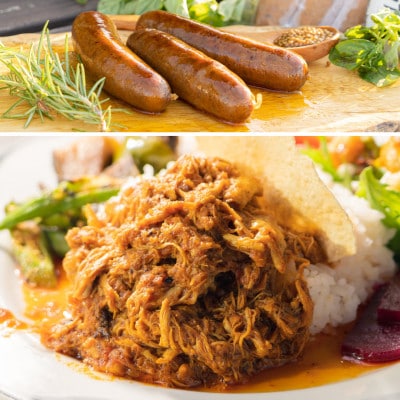 高梨商店のチキンカレー180g×2食とポークチョリソー3本(210g)×2パックのセット