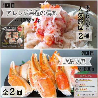 【毎月定期便】本ずわいがに人気部位2種!「アレンジ自在の肩肉100g×5P」&「訳あり爪」全2回